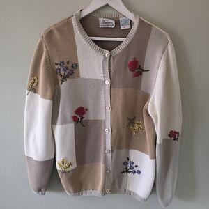 Vintage 90s XL Cottagecore Patchwork Grandma Floral Embroidered Knit Cardigan
